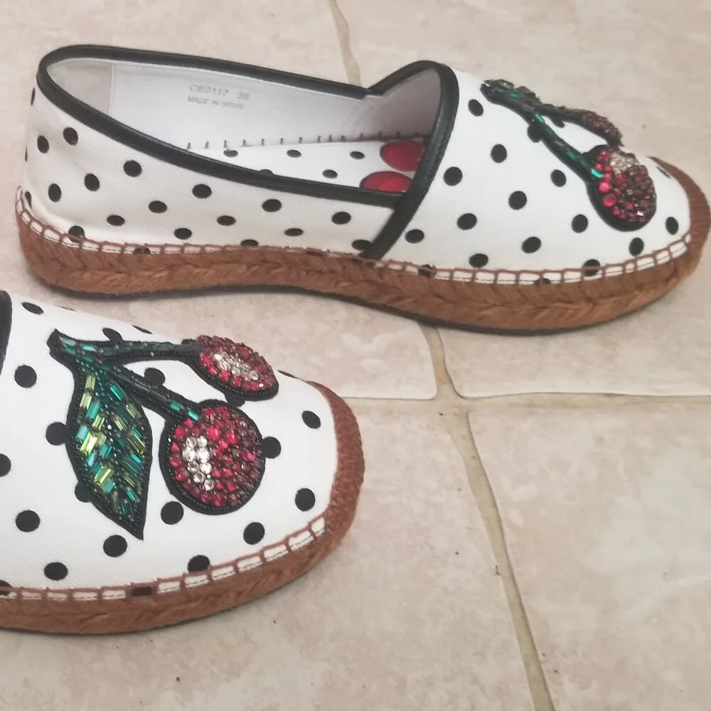 RARE EXCLUSIVE DOLCE & GABBANA CHERRY POLKA DOT EMBELLISHED ESPADRILLES FLATS